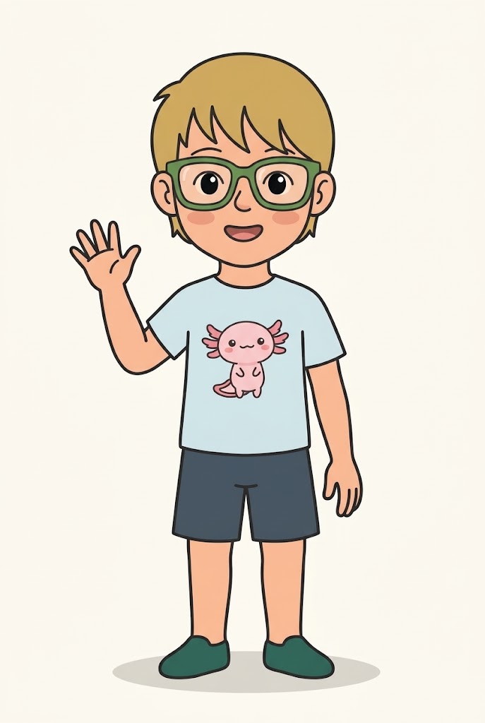 A smiling illustrated child with green glasses waving in an axolotl T-shirt